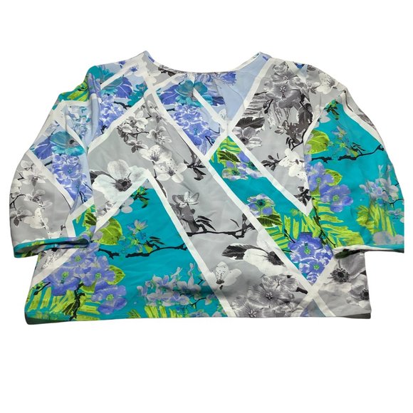 Adrienne Vittadini L Top Blouse Peasant Boho Floral Blue Button Tie Front - Picture 11 of 13